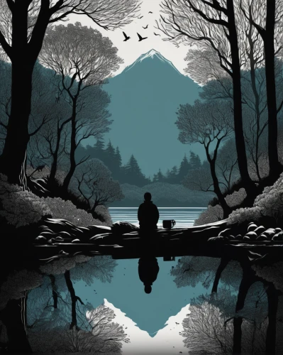 black landscape,silhouette art,evening lake,world digital painting,japan landscape,tranquility,mountainlake,calm water,backwater,mountain lake,pond,mirror water,landscape background,digital painting,digital illustration,lake tanuki,tranquil,digital art,loch,swampy landscape,Illustration,Black and White,Black and White 09