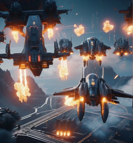 air combat,formation flight,afterburner,missiles,fighter destruction,ship releases,ship traffic jam,space ships,blue angels,battlecruiser,flying objects,bottleneck,x-wing,swarms,rows of planes,vulcania,formation,flying sparks,fighter aircraft,battlefield,Photography,General,Sci-Fi