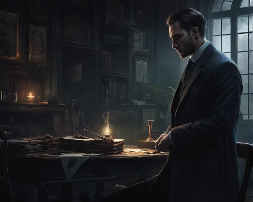 watchmaker,investigator,apothecary,attorney,wick,game illustration,detective,game art,holmes,candlemaker,sherlock holmes,investigation,live escape game,victorian,hitchcock,theoretician physician,pianist,cg artwork,mafia,lincoln,Conceptual Art,Fantasy,Fantasy 11