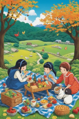 picnic,placemat,family picnic,picnic basket,jigsaw puzzle,apple orchard,apple harvest,picnic table,apple mountain,gnomes at table,autumn idyll,girl picking apples,harvest festival,picnic boat,tablecloth,khokhloma painting,apple jam,arrowroot family,food table,apple plantation,Illustration,Japanese style,Japanese Style 20