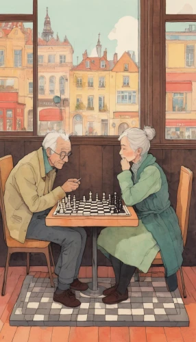 old couple,chess game,chess men,grandparents,chessboards,chess,play chess,game illustration,chess board,elderly people,chess player,old age,chessboard,pensioners,old people,english draughts,retirement home,senior citizens,elderly,chess icons,Illustration,Paper based,Paper Based 19