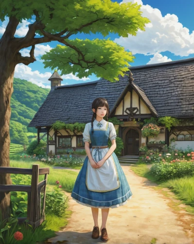 studio ghibli,country dress,hanbok,little girl in wind,game illustration,sound of music,free land-rose,knight village,a girl in a dress,fairy tale character,countrygirl,fable,girl picking apples,little house,alice,dream world,springtime background,girl picking flowers,fairy tale,clove garden,Illustration,Japanese style,Japanese Style 18