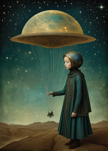 heliosphere,flying saucer,flying seed,little girl with balloons,flying seeds,sci fiction illustration,orbiting,photomanipulation,photo manipulation,extraterrestrial life,unidentified flying object,ufo,astronomer,little girl with umbrella,cosmos wind,surrealism,photomontage,dreams catcher,surrealistic,lunar prospector,Illustration,Realistic Fantasy,Realistic Fantasy 35