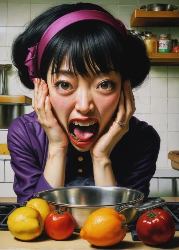girl in the kitchen,woman eating apple,food preparation,korean cuisine,korean chinese cuisine,cooking vegetables,cooking show,food and cooking,asian woman,japanese woman,food styling,asian cuisine,cooking book cover,korean culture,korean royal court cuisine,cookery,mari makinami,red cooking,plum tomato,asian food,Illustration,Realistic Fantasy,Realistic Fantasy 08