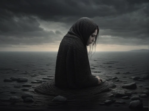 depressed woman,sorrow,of mourning,desolation,grief,photo manipulation,desolate,conceptual photography,melancholy,to be alone,half-mourning,loneliness,mourning,self-abandonment,sad woman,lover's grief,isolated,dark beach,praying woman,scared woman,Illustration,Realistic Fantasy,Realistic Fantasy 17