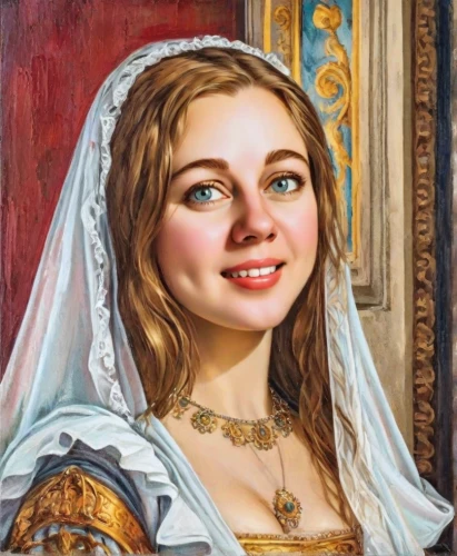 portrait of christi,girl in a historic way,portrait of a girl,church painting,romantic portrait,oil painting on canvas,custom portrait,bridal,the prophet mary,mother of the bride,oil painting,cepora judith,girl portrait,portrait of a woman,bride,young woman,mary 1,oil on canvas,russian folk style,eufiliya