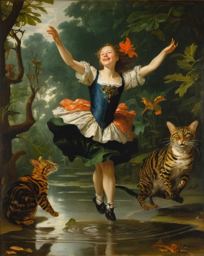 throwing leaves,leap for joy,happy children playing in the forest,little girl in wind,leaping,cheerfulness,bougereau,little girl twirling,david bates,flying girl,fairies aloft,vintage art,girl in the garden,frolicking,emile vernon,cats playing,girl with tree,vintage cats,little girl running,girl on the river,Art,Classical Oil Painting,Classical Oil Painting 37