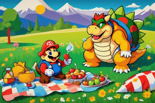super mario brothers,picnic,family picnic,mario bros,birthday banner background,game illustration,picnic basket,mario,nintendo,april fools day background,petrol-bowser,summer bbq,game art,harvest festival,super mario,summer icons,retro easter card,yoshi,wedding icons,summer fair,Art,Artistic Painting,Artistic Painting 36