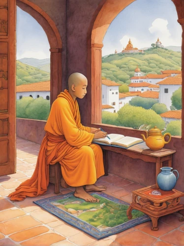 middle eastern monk,indian monk,buddhist monk,buddhists monks,monks,monk,theravada buddhism,khokhloma painting,the abbot of olib,ibn tulun,orange robes,game illustration,meticulous painting,monastery,buddhist,book illustration,persian poet,tea zen,man with a computer,buddhists,Illustration,Children,Children 03