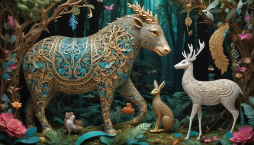 whimsical animals,woodland animals,enchanted forest,forest animals,unicorn art,golden unicorn,carousel horse,forest animal,paper art,fairy forest,3d fantasy,gold deer,fantasy art,forest of dreams,children's fairy tale,carousel,fairytale forest,unicorn background,fairy world,anthropomorphized animals,Illustration,Black and White,Black and White 03