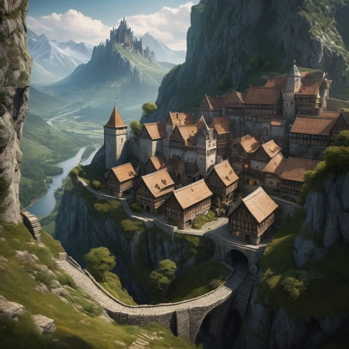 mountain settlement,alpine village,mountain village,escher village,medieval town,meteora,mountain huts,knight village,villages,house in mountains,wooden houses,blocks of houses,house in the mountains,stone houses,tuff stone dwellings,house roofs,building valley,peter-pavel's fortress,hanging houses,aurora village,Conceptual Art,Fantasy,Fantasy 11