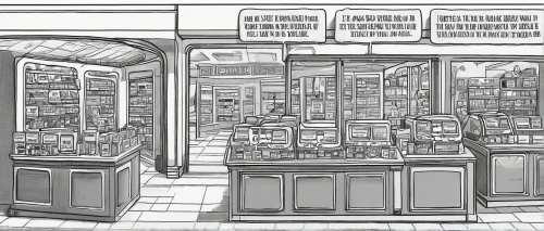 pharmacy,apothecary,convenience store,soap shop,pantry,brandy shop,liquor store,vending machines,watercolor shops,general store,store fronts,grocery store,candy store,shopkeeper,grocery,pharmacist,grocer,vending machine,candy shop,cosmetics counter,Illustration,Black and White,Black and White 14