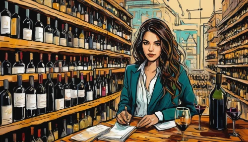 wine bar,liquor store,wine tasting,wine cellar,wine bottle range,wine cultures,winemaker,wines,female alcoholism,businesswoman,wine house,watercolor wine,colored pencil background,wine tavern,brandy shop,bottle of wine,blockchain management,salesgirl,clerk,wine,Illustration,Realistic Fantasy,Realistic Fantasy 23