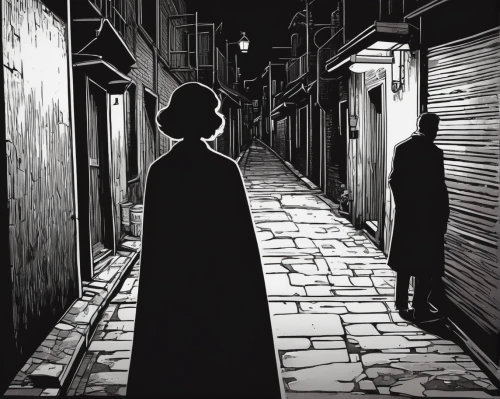 blind alley,alleyway,film noir,alley,black city,old linden alley,penumbra,sleepwalker,girl walking away,narrow street,walking man,in the shadows,ghost town,shinigami,dark art,slender,mystery man,passage,eleven,the morgue,Illustration,Black and White,Black and White 19