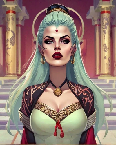 cleopatra,vampire lady,priestess,oriental princess,vampire woman,fantasy portrait,jaya,queen of hearts,sorceress,game illustration,elza,cg artwork,medusa,della,portrait background,geisha,fantasia,goddess of justice,zodiac sign libra,fantasy woman