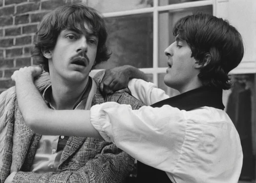 george,mick,beatles,stones,1967,the rolling stones,1965,brian,arguing,60s,50 years,the beatles,revolver,clash,let it be,first kiss,hands over mouth,head scratching,13 august 1961,shush,Photography,Black and white photography,Black and White Photography 03