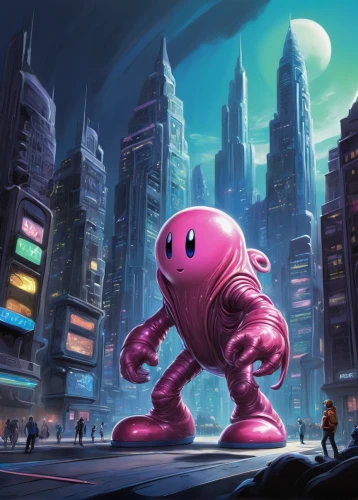 pink octopus,game illustration,game art,sci fiction illustration,kirby,cartoon video game background,concept art,glob urs,action-adventure game,pink elephant,cyberpunk,cg artwork,spore,man in pink,cuthulu,walking man,alien planet,polyp,magenta,adventure game,Illustration,Black and White,Black and White 08