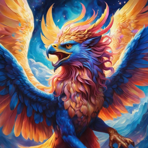 gryphon,griffon bruxellois,garuda,griffin,blue and gold macaw,phoenix rooster,harpy,owl background,fawkes,pegasus,phoenix,bird of prey,blue macaw,eagle,eagle illustration,gallus,blue and yellow macaw,fantasy art,regulorum,imperial eagle,Illustration,Realistic Fantasy,Realistic Fantasy 37
