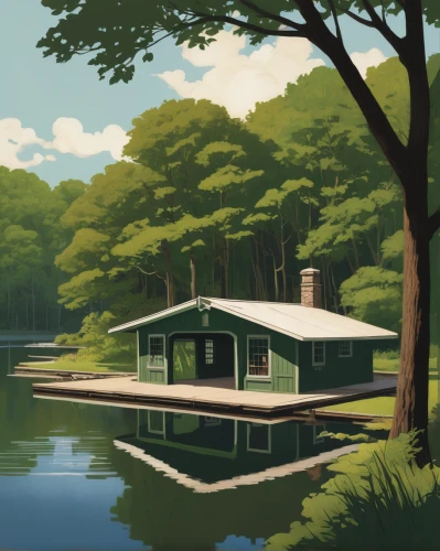 summer cottage,boathouse,house with lake,cottage,houseboat,house by the water,boat house,house in the forest,floating huts,small cabin,summer house,lakeside,idyllic,boat shed,home landscape,little house,lonely house,inverted cottage,backwater,lake,Conceptual Art,Daily,Daily 08