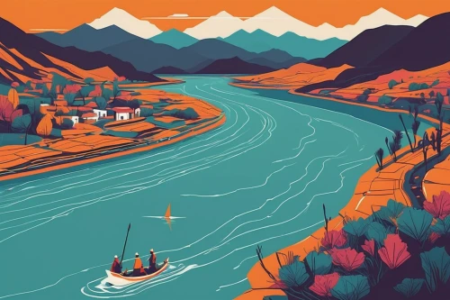 boat landscape,himalayas,river landscape,srinagar,nepal,annapurna,travel poster,ganga,ladakh,qinghai,himalaya,a river,alaska,canoes,mekong,yunnan,tibet,bhutan,digital nomads,ushuaia,Illustration,Vector,Vector 06