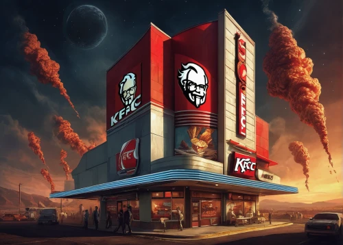 fast food restaurant,fast-food,burger king premium burgers,fastfood,jack in the box,bk chicken nuggets,fast food,post-apocalypse,chicken 65,post apocalyptic,fast food junky,tacamahac,apocalypse,retro diner,mcdonald's,kebab,store icon,concept art,mecca,post-apocalyptic landscape,Illustration,Paper based,Paper Based 18