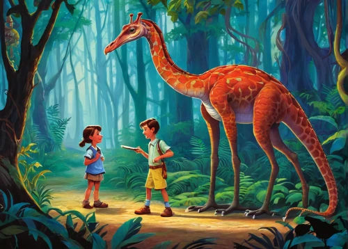 mowgli,dinosaurs,two giraffes,giraffidae,brontosaurus,forest animals,landmannahellir,giraffes,dinosaruio,long neck,longneck,animal kingdom,dinosaur,dino,miguel of coco,children's background,kids illustration,tropical animals,tirannosaurus,giraffe,Illustration,Retro,Retro 02