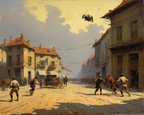 street scene,arles,the pied piper of hamelin,asher durand,lev lagorio,le mans,oberlo,hamelin,grissini,montmartre,the market,carl svante hallbeck,andreas achenbach,bougereau,italian painter,old havana,the street,street football,rustico,pilgrims,Art,Classical Oil Painting,Classical Oil Painting 32