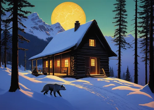 the cabin in the mountains,snow house,winter house,christmas landscape,mountain hut,log cabin,snow scene,winter animals,small cabin,mountain huts,log home,sled dog,cottage,snowhotel,dog illustration,home landscape,snow landscape,snowy landscape,dog sled,winter landscape,Conceptual Art,Sci-Fi,Sci-Fi 16