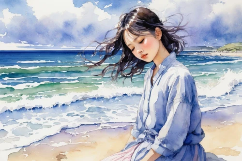 watercolor blue,watercolor background,watercolor,watercolor painting,sea breeze,beach background,watercolor paint,sea-shore,mari makinami,by the sea,seashore,watercolor women accessory,japanese woman,beach scenery,blue sea,seaside,blue painting,watercolors,sea beach-marigold,the wind from the sea,Illustration,Paper based,Paper Based 03