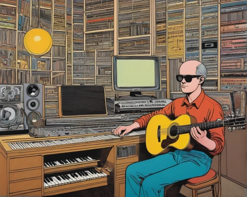 music workstation,home studio,old elektrolok,macintosh,beatnik,audiophile,cd cover,music studio,organist,playing room,book illustration,music store,composing,vector illustration,music producer,sound space,home studios,recording studio,sci fiction illustration,man with a computer,Illustration,American Style,American Style 15