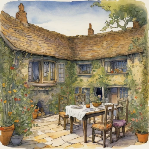 country cottage,cottage garden,lincoln's cottage,thatched cottage,watercolor cafe,watercolor tea shop,summer cottage,cottage,tearoom,thatch roof,cottages,house painting,thatch roofed hose,country house,traditional house,tavern,home landscape,the pub,houses clipart,farmhouse,Illustration,Retro,Retro 22