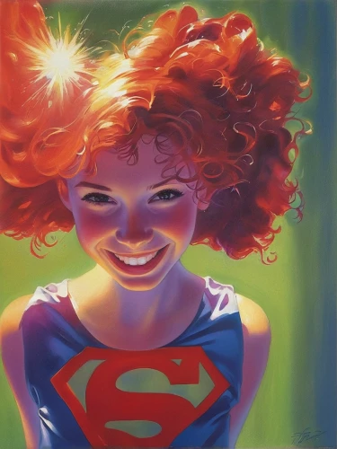 super woman,super heroine,starfire,wonder,superman,redheads,a girl's smile,superman logo,red super hero,head woman,color pencils,girl with speech bubble,chalk drawing,colour pencils,oil painting on canvas,bouffant,red-haired,wonderwoman,grinning,super,Conceptual Art,Fantasy,Fantasy 20