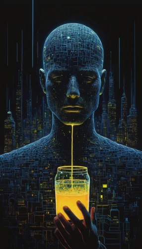 dr. manhattan,sci fiction illustration,cyberpunk,cybernetics,bottleneck,dark net,humanoid,cyber,frequency,drink icons,spy-glass,an empty glass,cyberspace,drinking glass,empty glass,neon drinks,circuit board,drink,human,drinking,Illustration,Abstract Fantasy,Abstract Fantasy 20