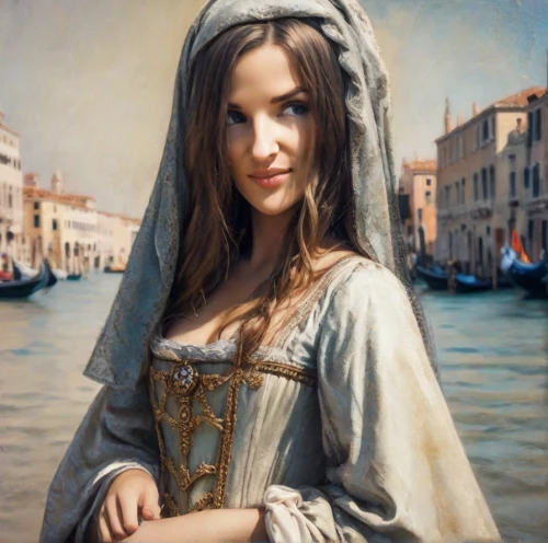 girl on the river,venetian,italian painter,hallia venezia,girl in a historic way,venetia,girl in cloth,girl with cloth,the carnival of venice,romantic portrait,girl on the boat,young woman,girl in a long dress,cepora judith,portrait of a girl,venice,mystical portrait of a girl,artemisia,venezia,young girl
