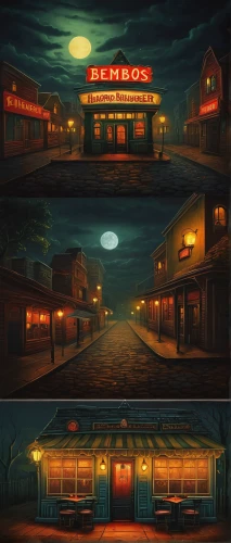 backgrounds,cinema strip,retro diner,fallout4,cartoon video game background,boardwalk,fallout,halloween background,concept art,night scene,motel,coney island,stages,restaurants,luna park,wild west hotel,holiday motel,day and night,drive in restaurant,ghost town,Illustration,Abstract Fantasy,Abstract Fantasy 17