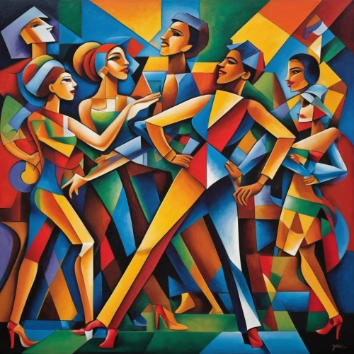 latin dance,cubism,argentinian tango,african art,dancers,musicians,salsa dance,folk-dance,tango argentino,cd cover,khokhloma painting,group of people,samba deluxe,square dance,performers,dance club,art deco,art painting,regatta,oil painting on canvas,Art,Artistic Painting,Artistic Painting 45