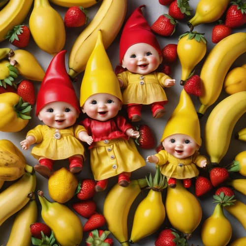 banana family,nanas,marzipan figures,pome fruit family,gnomes,arrowroot family,cashew family,scandia gnomes,bananas,ginger family,gnomes at table,colorful vegetables,kewpie dolls,matryoshka doll,fruit vegetables,banana,dolphin bananas,fruit slices,yellow peppers,organic fruits,Photography,General,Natural