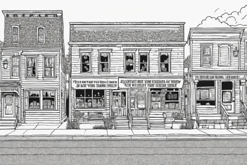 store fronts,virginia city,row houses,house drawing,deadwood,hand-drawn illustration,general store,mono-line line art,coloring page,line drawing,townhouses,small towns,the coffee shop,old houses,coloring pages,wine tavern,mono line art,coffeehouse,tavern,wooden houses,Illustration,Black and White,Black and White 14