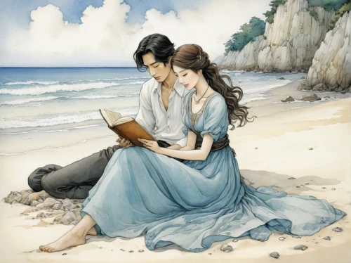 romance novel,young couple,love letter,idyll,romantic scene,romantic portrait,e-book readers,women's novels,by the sea,on the shore,readers,book illustration,sea-shore,novels,reading,lover's beach,ereader,love letters,beach background,vintage boy and girl,Illustration,Paper based,Paper Based 29
