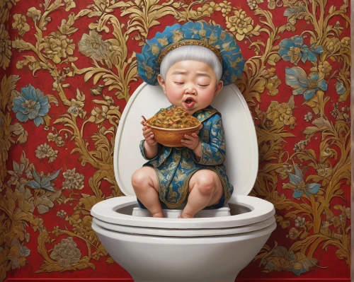 chinese art,chinese teacup,oriental painting,potty training,chamber pot,janome chow,chinese food,toilet seat,kewpie doll,girl with cereal bowl,chinese cuisine,toilet,the girl in the bathtub,vintage asian,japanese art,chinese takeout container,commode,baby bathing,china massage therapy,traditional chinese,Illustration,Realistic Fantasy,Realistic Fantasy 08