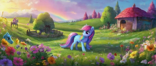unicorn background,pony farm,spring unicorn,meadow in pastel,spring background,my little pony,fantasy picture,springtime background,fairy world,fairy village,colorful horse,fairy forest,field of flowers,children's background,unicorn art,purple landscape,fantasy landscape,ponies,landscape background,blooming field,Illustration,Abstract Fantasy,Abstract Fantasy 07
