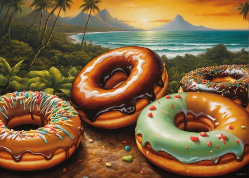 donut illustration,donuts,doughnuts,donut drawing,donut,doughnut,cruller,summer still-life,bagels,malasada,tropical animals,sweet pastries,pastries,summer icons,oil painting on canvas,delight island,summer foods,bakery products,bakery,sub-tropical,Illustration,Realistic Fantasy,Realistic Fantasy 34
