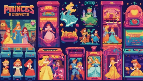 princesses,fairy tale icons,princess sofia,pixels,princess,pixel cells,fairytale characters,pieces,game pieces,perfume bottles,princess crown,princess' earring,prince and princess,arcade game,crown icons,pixel art,arcade games,ancient parade,purses,people characters,Unique,Pixel,Pixel 04