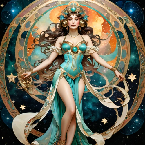 zodiac sign libra,the zodiac sign pisces,horoscope libra,harmonia macrocosmica,sorceress,zodiac sign gemini,the enchantress,star mother,fantasy art,horoscope pisces,fantasy woman,queen of the night,faerie,celestial body,fairy queen,ophiuchus,virgo,cassiopeia,priestess,zodiac sign leo,Illustration,Retro,Retro 03