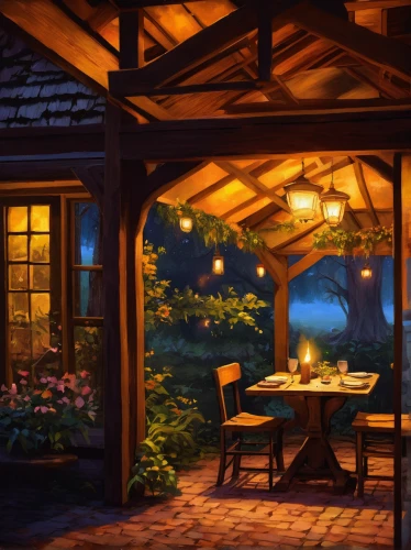 evening atmosphere,romantic night,summer cottage,the cabin in the mountains,night scene,alpine restaurant,cottage,outdoor dining,hobbiton,romantic scene,summer evening,tearoom,romantic dinner,home landscape,landscape lighting,tea-lights,tavern,watercolor cafe,fireflies,country cottage,Illustration,Paper based,Paper Based 03
