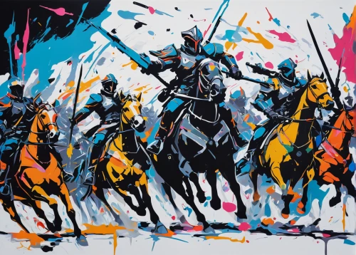 don quixote,cavalry,cmyk,knight festival,knights,jousting,knight,painted horse,colorful horse,cossacks,unicorn art,knight tent,conquistador,two-horses,samurai,khokhloma painting,painting technique,man and horses,horses,horsemen,Art,Artistic Painting,Artistic Painting 42