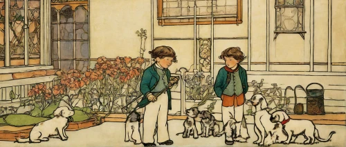 kennel club,kate greenaway,basset artésien normand,girl with dog,dog cafe,dog school,school children,onlookers,dog street,the pied piper of hamelin,dog illustration,boy and dog,vintage illustration,hanover hound,pet shop,watercolor paris balcony,dog walker,bruno jura hound,basset fauve de bretagne,art nouveau,Illustration,Retro,Retro 05