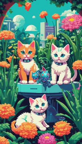 vintage cats,retro flowers,flower cat,springtime background,spring background,flower shop,cartoon flowers,cat family,flower background,flower garden,flower stand,flower box,flower boxes,flower animal,two cats,cat's cafe,flower painting,felines,cats,cat lovers,Conceptual Art,Sci-Fi,Sci-Fi 29