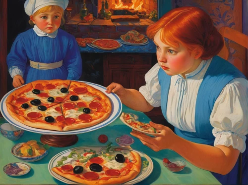 pizza service,pizzeria,pizza supplier,pizza topping,the pizza,pizza,sicilian cuisine,pissaladière,woman holding pie,antipasta,cookery,pizzas,girl with bread-and-butter,girl in the kitchen,cooking book cover,pan pizza,la violetta,reibekuchen,mozarella,sicilian pizza,Art,Classical Oil Painting,Classical Oil Painting 27