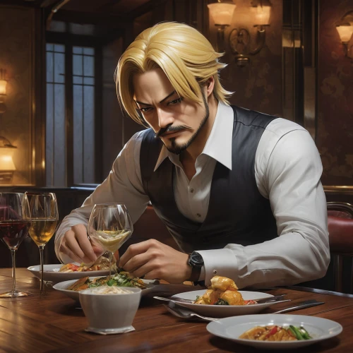 sanji,gentlemanly,bartender,waiter,romantic dinner,apéritif,butler,romano cheese,fine dining,fine dining restaurant,italian cuisine,barman,diner,enjoy the meal,wine tavern,capellini,men chef,male character,gin,food and wine,Conceptual Art,Fantasy,Fantasy 13